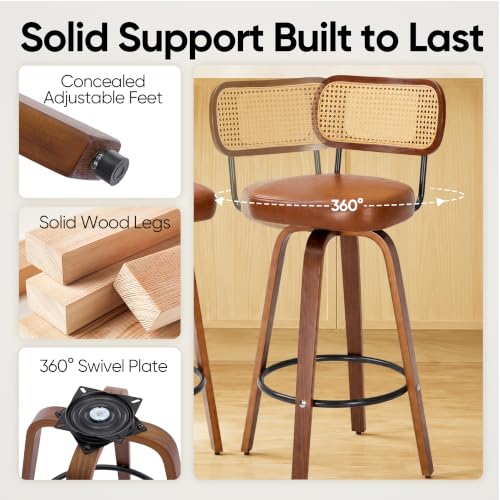 Image of Rattan Bar Stools Set of 2,Upholstered PU Leather, 30''Counter Height Barstools with Back and Wood Legs,360Swivel,Mid-Century Modern Bar Stool for kitchen Island Dining Room and Bar(Vintage Brown)