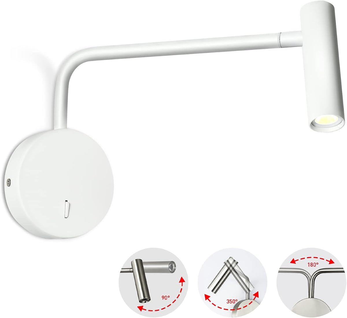 ZEROUNO Wall Mounted Reading Light for Bedroom Hardwired Sconce with Switch on/Off Modern 3000K Bedside Swing Arm Wall Lamp (White)