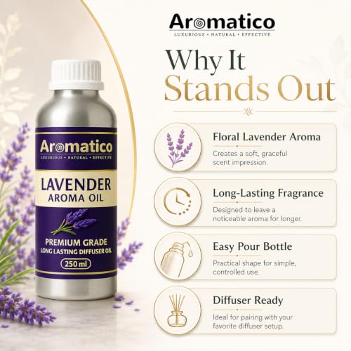 Image of AROMATICO Lavender Diffuser Oil with Strong, Long-Lasting Aroma. Premium Aroma Oil for Homes, AROMATICO Lavender Diffuser Oil with Natural Aroma for Humidifiers, Homes, Offices & Showrooms, Candle and Soap Making | Fragrance for Aromatherapy | Essential Oil for Diffuser and Aromatherapy - 250 ml