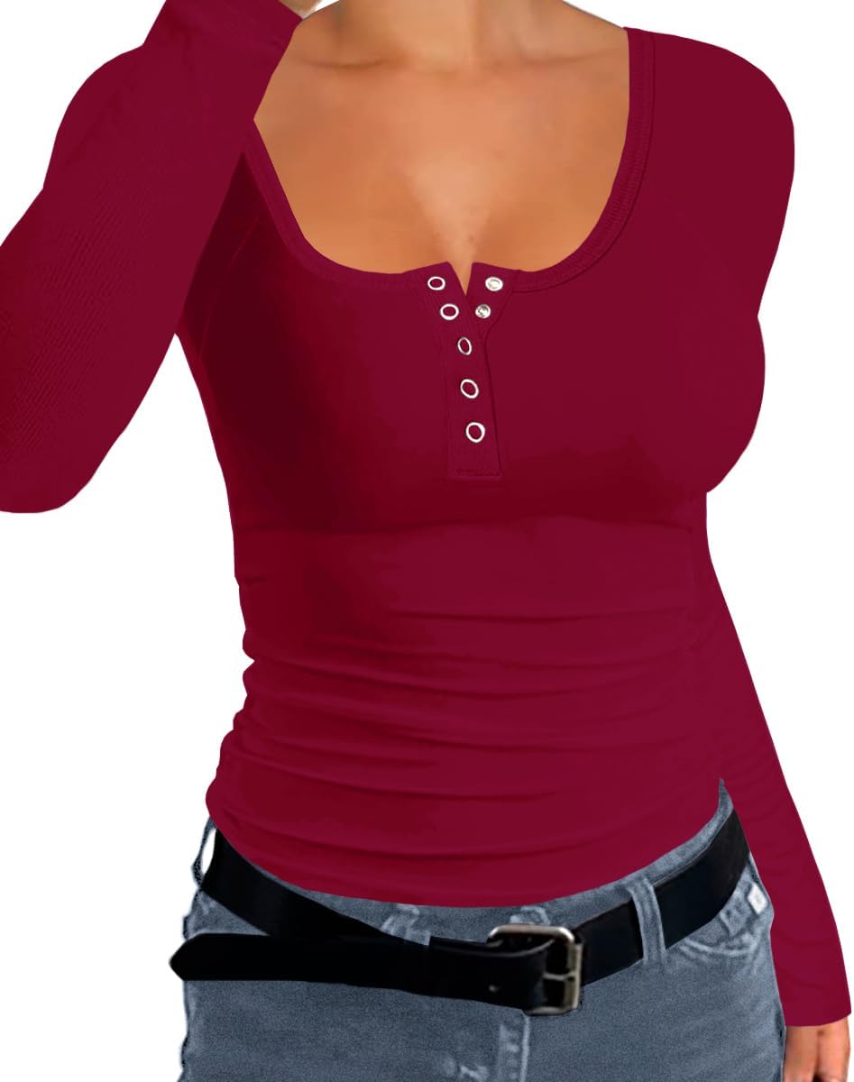 Afibi Women Long Sleeve Tops Scoop Neck Low Cut Slim Fitted Henley Shirt Ribbed Basic Tee Shirts Tops - Image 2