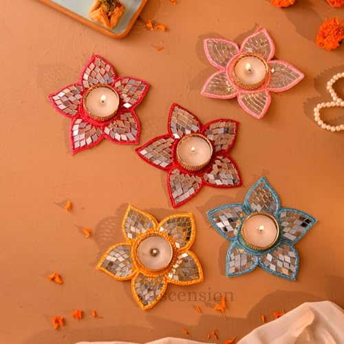 Image of Ascension Pack of 5 Decorative Mirror Floral Tealight Candle Holder Multicolor Star Design Reusable Diya for Floor Rangoli Decorative Items for Gift Indoor Outdoor Diwali Decoration Home Office Decor