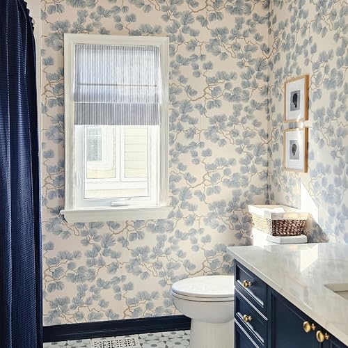 Image of TWOPAGES No Drill Cordless Farmhouse Ticking Stripe Roman Shades Roman Blinds for Windows, Custom Made Light Filtering Blackout Blinds Shades for French Door, Light Blue Pinstripe, 1 Piece