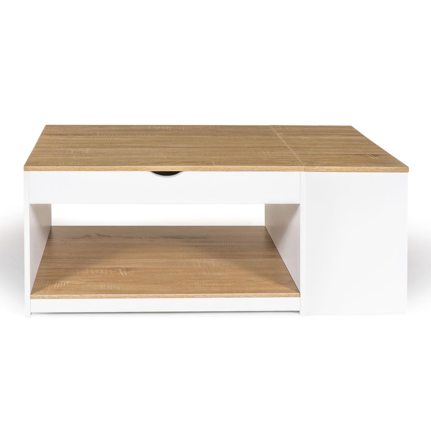 IDMarket - Table Basse Plateau relevable rectangulaire ELEA avec Coffre Bois Blanc et façon hêtre