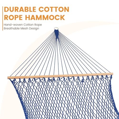 Image of Lazy Daze Hammocks 12FT Double Rope Hammocks, 2 Person Hand Woven Cotton Hammock with Spreader Bar for Outside, Patio, Poolside, FIT 13-15 FT Stand, Max 450 Lbs, Blue, 141 x 57 inches