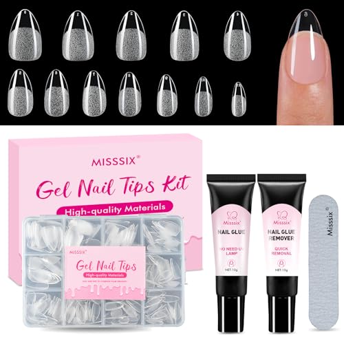 Misssix Short Almond Gel Nail Tips 216Pcs Pre Etched Clear Fake Nails Full Cover Soft Acrylic False Nail Glue and Nail Glue Remover for Women 12 Sizes