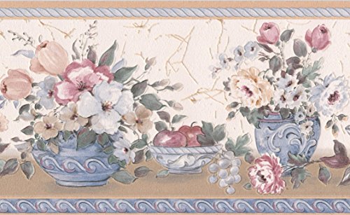Colorful Flowers in Pots Floral Wallpaper Border for Kitchen Bathroom Living Room, Roll