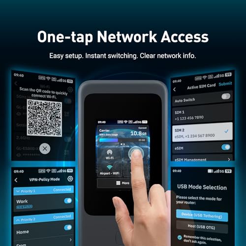 Image of GL.iNet MUDI 7 (GL-E5800) Wi-Fi 7 5G Travel Router with eSIM & Dual SIM, 2.8 inch Touchscreen, Tri-Band up to 5.76 Gbps, 2.5G Ethernet, 700Mbps VPN, 13.5h Battery - Mobile Hotspot for Travel, Livestream