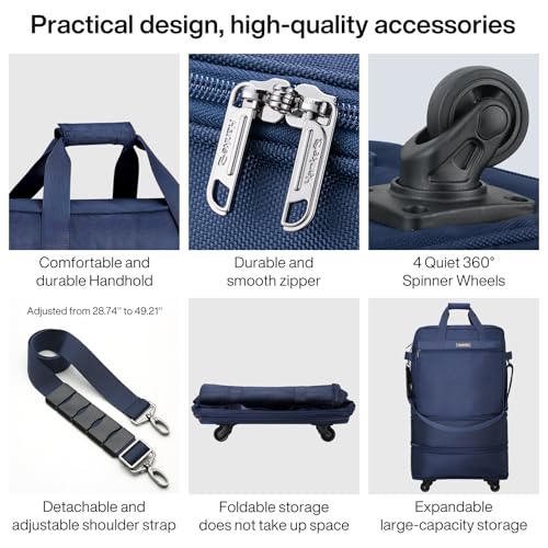 Hanke Valises à roulettes Sac à Bagages Pliable Extensible Valise Sac de Voyage Pliable à roulettes Sac de Voyage pour Hommes Femmes Valises légères sans poignée télescopique, Bleu – Image 4