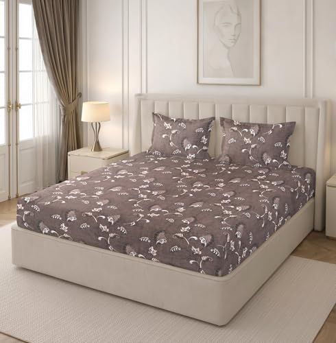 Image of RD TREND Premium Soft Cloud Cotton Floral Bedsheet for Double Bed | Size-90x90 Inches Queen Bedsheets with 2 Matching Pillow Covers (18x28 Inch) Mud Brown
