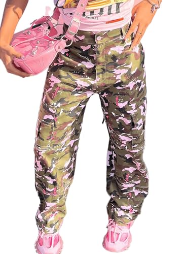 Womens Camo Cargo Pants Oversized Baggy Straight Wide Leg Camouflage Joggers Sweatpants Army Fatigue Trousers