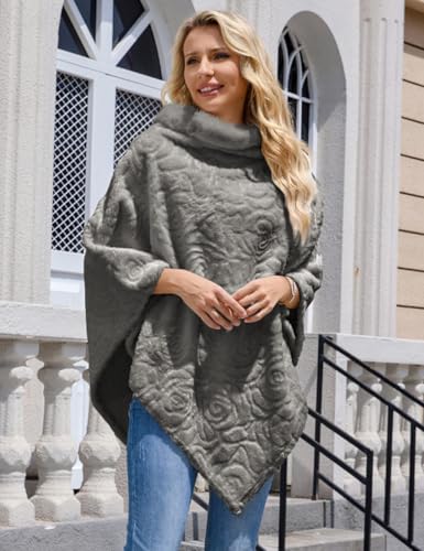 Ferand Women's Elegant Faux Fur Poncho Sweater with Rose Flower Pattern Cozy Warm Shawl for Winter2