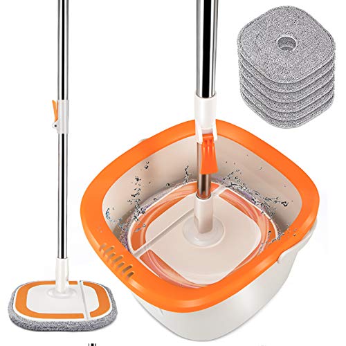 Masthome Fregona Giratoria 360º y Cubo,Trapeador y Cubo Cuadrado,con 6 Almohadillas de Mopa de Microfibra,Mango Telescópico,Naranja y Blanco