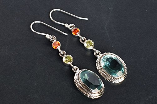 Boucles d'oreilles quartz bleu argent sterling péridot cornaline