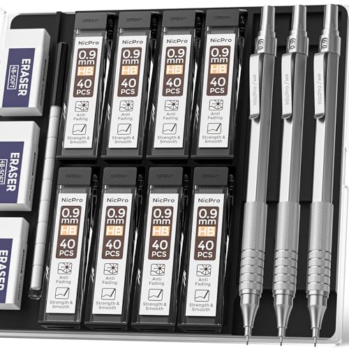Nicpro Juego de portaminas de 0,9 mm, 3 unidades de lápices de dibujo automáticos de metal, portaminas, con 6 tubos de minas HB y 3 gomas de borrar para escribir borradores, dibujos, bocetos con