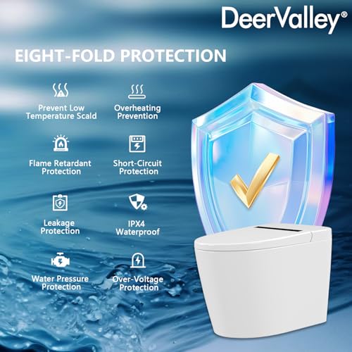 DeerValley Smart Bidet Toilet, One Piece Bidet Toilet for Bathrooms, Toilets with Auto Open/Close Lid, Heated Seat, Warm Dryer, Foot Sensor Operation, Night Light,Tankless Toilets with LED Display