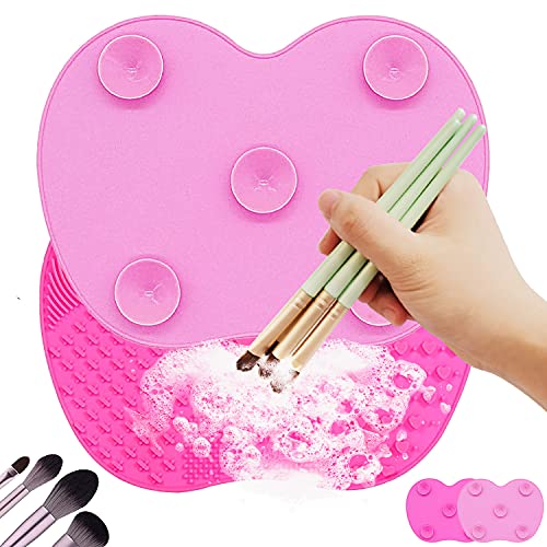 2 Makeup Brush Cleaning Mats,Silicone Makeup Brush Cleaner With Suction Cup,Portable Washing Tool Scrubber Pad For Brushes,Makeup Brush Cleaning Pad, (Rose Red & Pink)