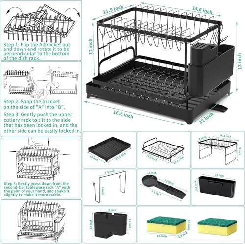 Image of Dish Organizer Rack,Carbon Steel Kitchen Dish Drying Rack, Rust-Proof Countertop Dish Organizer with Cup Holder, Portable Compact Dish Rack for Cup, Plates, Bowl, Spoons(YK-11)