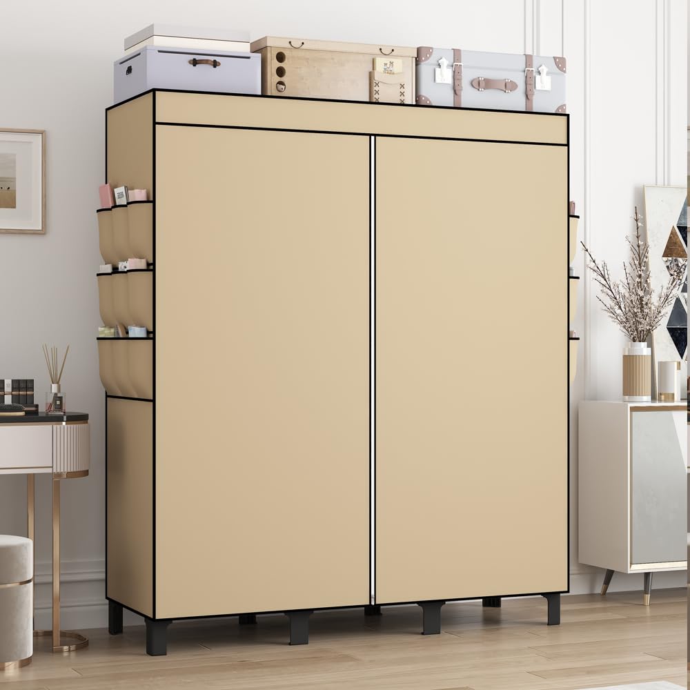 Tragbarer Vlies-Stoffschrank 130x45x170cm faltbar mit 3 Hängebereichen & 18 Seitentaschen (Beige)