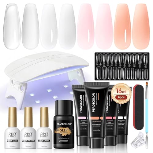 PEACECOLOR Poly Nail Gel Kit with U V Light 4 Colours Clear Pink White Nude Gel Nail Kit Nail Extension Gels with Glossy Matte Top Coat Base Coat Slip Solution Starter Manicure Kit for Beginners