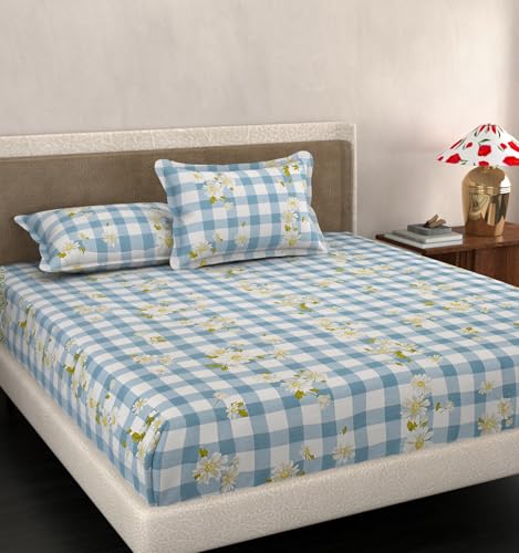 Image of VOMZER King Size (72x78) 300 TC Soft Cotton Feel Microfiber All Around Elastic Fitted Double Bedsheet with 2 Pillow Covers | Blue Check