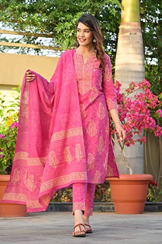 Image of GoSriKi Women's Rayon Blend Printed Straight Kurta with Pant & Dupatta