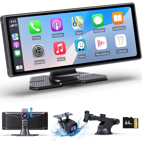 Car Screen for Apple Carplay Android Car, 9.3 Inch Wireless Portable Carplay Screen Stereo with 2.5K Dash Cam, 1080p Backup Camera DVR Car Stereo with Bluetooth