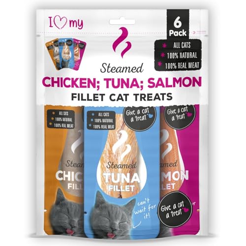 Steamed Fillets for Cats (Pack of 6 x 20g) Tuna Loin Chicken & Salmon 100% Natural Steamed Cat Treats Wet Cat Food High Protein Food Topper