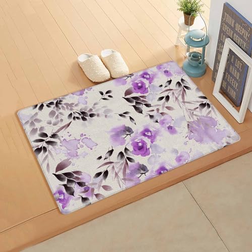 Country Floral Kitchen Bath Door Mat Cushioned Runner Rug,Washable Welcome Floor Sink Antifatigue Mat,Waterproof & Non-Slip Comfort Standing Doormat,Shabby Chic Purple Flower Ink Leaves 18