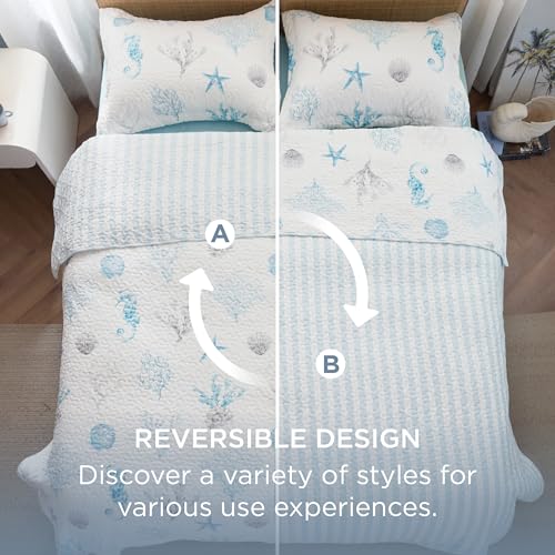 Image of Bedsure Coastal Bedding Queen Size, Reversible Beach Quilt, Ocean Comforter