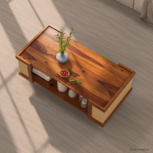 Image of Sudha Solid Sheesham Wood Coffee Table & Centre Table, Honey Finish | Open Storage Shelf, Natural Rattan Cane Sides, Wooden Center Table for Living Room, Solid Sheesham Wood