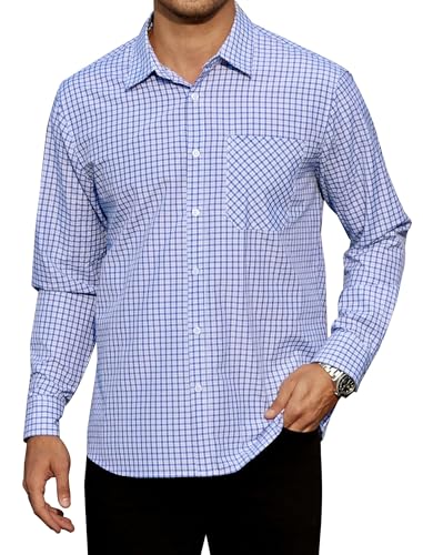 Enlision Camisa Hombre Manga Larga Azul Claro y Blanco Camisas Cuadros Leñador Casual Clásica para Hombre con Botones Bolsillo Regular Fit Tallas Grandes 3XL