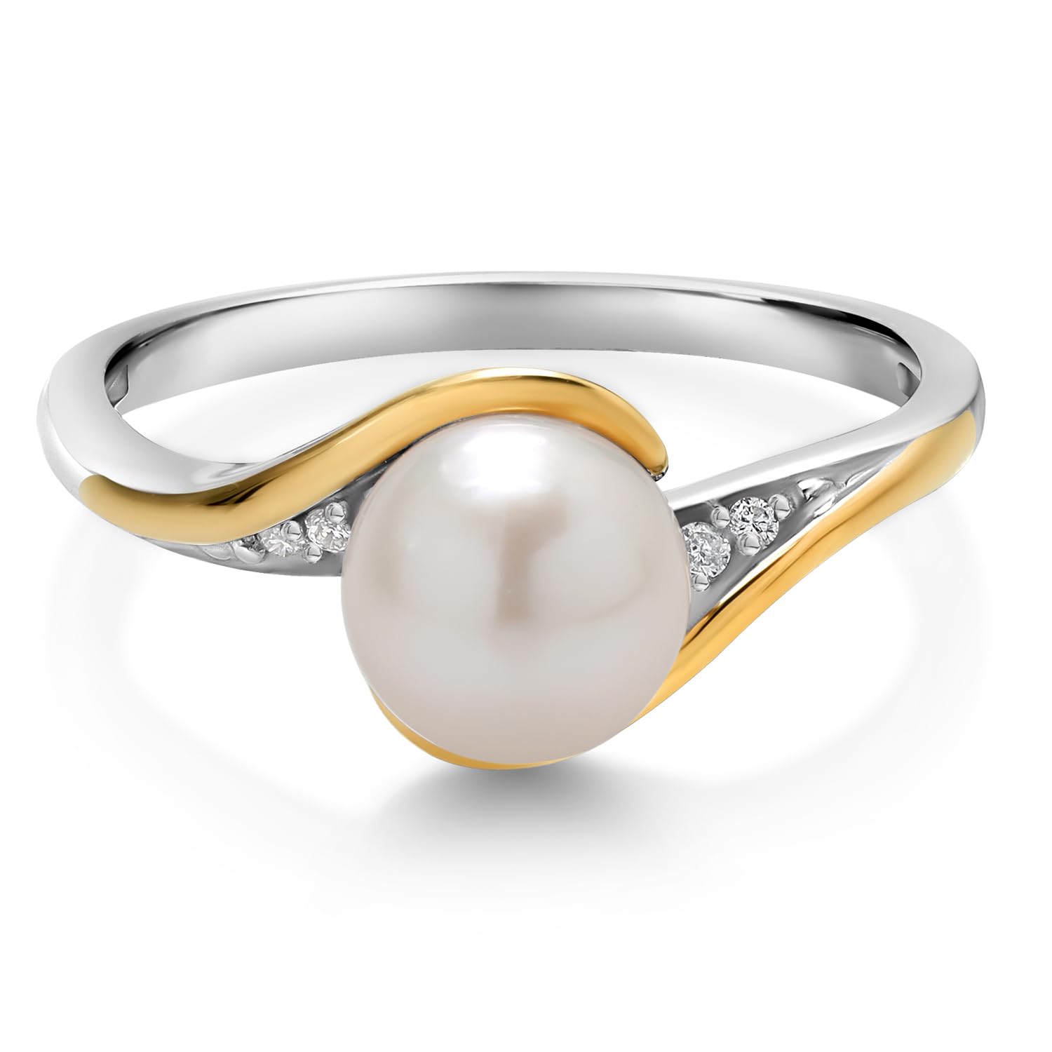 Gem Stone King Cultured Freshwater Pearl and Lab Grown Diamond Ring For Women | 925 Sterling Silver and 10K Yellow Gold | Pearl: 7-7.5MM | Wedding