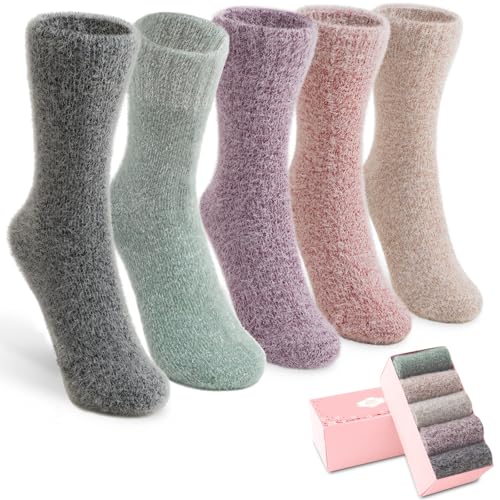 Image of ICEIVY 5 Pair Fuzzy Cozy Socks for Women - Warm Comfy Soft Casual Home Sleep Winter Wool Socks - Gifts for Women