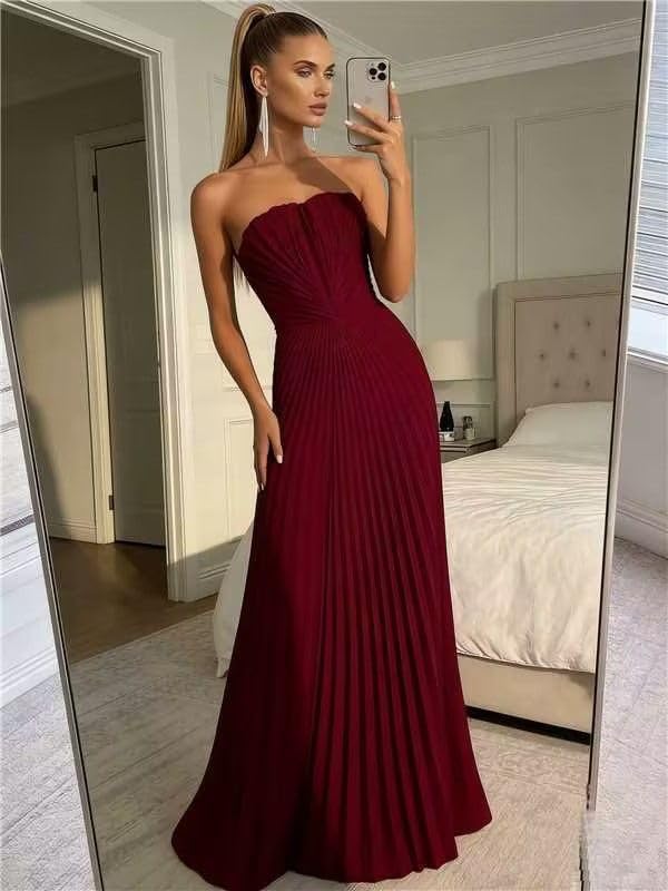 Strapless Satin Prom Dresses 2026 Long A-Line Bridesmaid Dress Pleated Formal Wedding Guest Dresses For Women