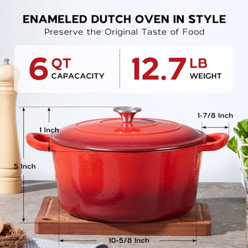 Onader Dutch Oven Pot with Lid, 6 QT Enameled Cast Iron Round Dutch Oven for Bread Baking, Heavy Duty Cast Iron Pot - Red