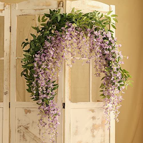 JUSTOYOU 2PCS 7FT Artificial Wisteria Vine Garland Fake flower Wisteria Garlands for Outdoor Indoor Wedding Wall Badroom Decoration(Purple) - Image 4