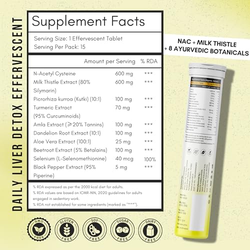 Image of Liver Detox Effervescent Tablets - NAC 600mg + Milk Thistle 600mg (80% Silymarin) | 10 Actives Liver Support Supplement for Antioxidant & Digestive Support | Lemon Flavour | 30 Tablets (Pack 2)
