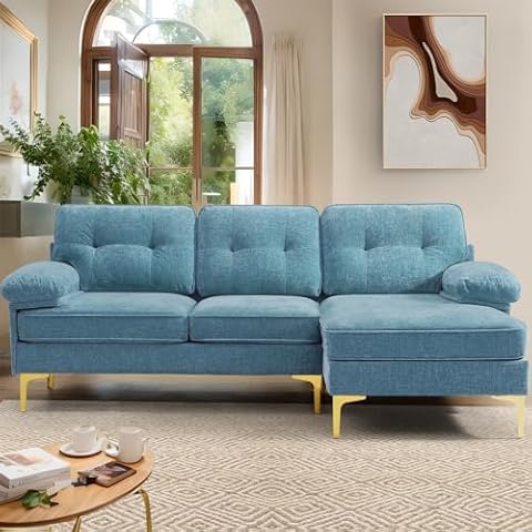 EASELAND 83" Chenille L Shape Convertible Sofa, Modern Sofa Couch for Living Room, 3-Seat Comfy Sofa Sectional with Reversible Wide Chaise for Bedroom, Deep Seat Sofa with Fluffy Armrests (Blue) Cover