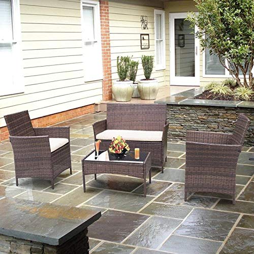 CAYNEL 4 Pieces Outdoor Patio Furniture Set, Sofa Seating Group with Cushions, Rattan Wicker Chair with Table, Outdoor Indoor Use Backyard Poolside Balcony Furniture(Brown)