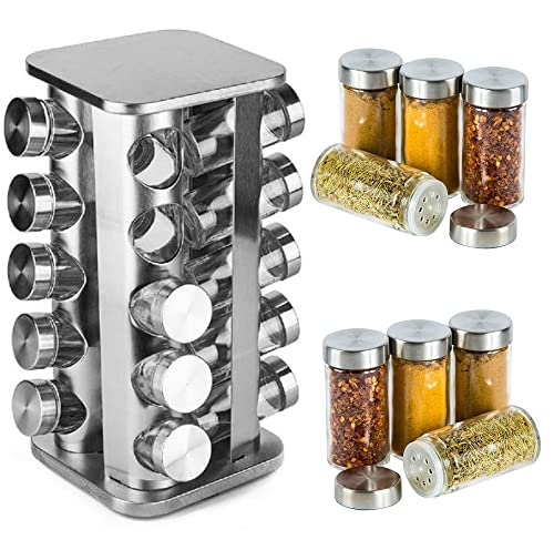 20pc Rotating Spice Rack Organiser with Spice Jars, Thick and Strong Spice Racks Free Standing Set (Square)