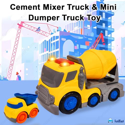 Image of FunBlast Cement Mixer Truck and Mini Dumper Truck Toy for Kids, Friction Power Construction Truck Toy for 3+ Years Old Boys and Girls, Pull Back Truck with Light and Sound Toys for Kids (Multicolor)