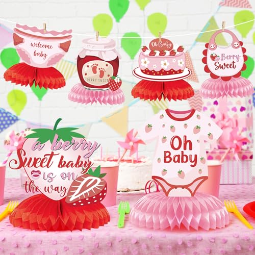 Image of Strawberry Baby Shower Decorations - Berry Sweet Honeycomb Centerpieces 9 Pieces Pink Berry Sweet Baby Shower Decorations Supplies for Girls Gender Announcement Party Table Decor