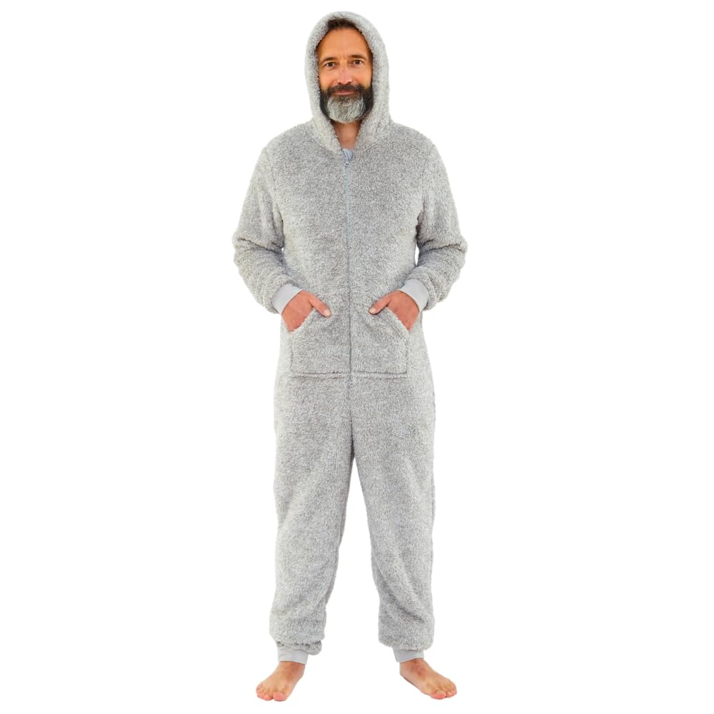 Just Essentials Mens Boys Fleece Onesies Gowns Robes Hooded Jumpsuit UK Seller - Light Grey Onesie - Medium