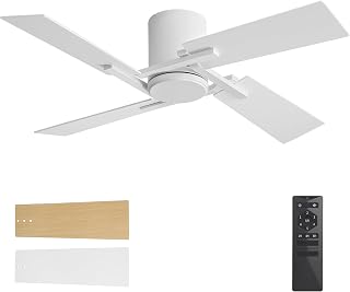 WINGBO 48 Inch Flush Mount Ceiling Fan without Light - 4 Plywood Blades, 6-Speed Reversible DC Motor, Noiseless Low Profile Ceiling Fan No Light for Bedroom Living Room, White and Oak/White