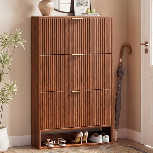Image of Evermagin 31.5''W Walnut Shoe Cabinet Storage for Entryway, Fluted Slim Shoe Dresser with 3 Flip Drawers, Narrow Shoe Rack Cabinet, Hidden Shoe Organizer Cabinet for Entrance, Hallway