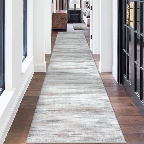 KOZYFLY Modern Abstract Kitchen Runner Rug, 2.6x14 Washable Rug Runner Non-Slip Soft Striped Hallway Runner Rugs, Beige Print Distressed Carpet Runner for Entryway Bathroom Laundry Room Foyer