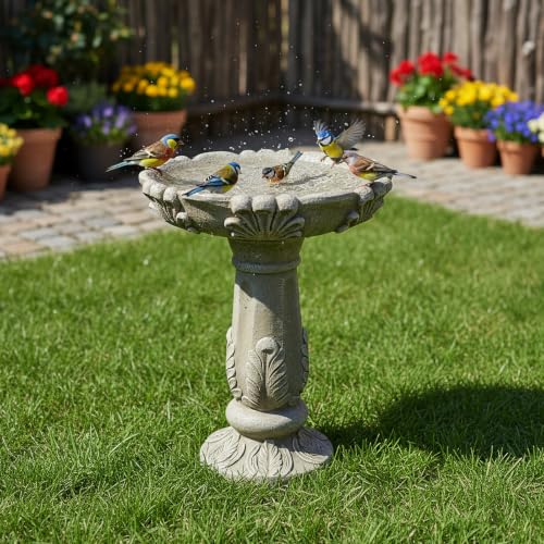 Image of SunJet 23.6 inch Outdoor Fibre Reinforced Concrete Birdbath, Bird Bath with Vintage European Leaf Pattern Pedestal for Outdoor Garden, Yard, Lawn Decor