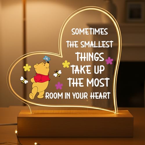 Image of RYOTKIK Heart Night Lamp with Pooh Bear, Inspirational Quote Desk Decor, Cute Anniversary Birthday Gift for Her, Romantic Room Light