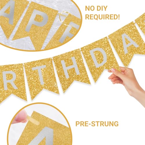 Image of Gold Happy Birthday Banner - 16 ft Pre-Strung Gold Birthday Party Decorations Sign for Girls, Boys, Kids, Women - No DIY Hanging Backdrop for Indoor & Outdoor Celebrations
