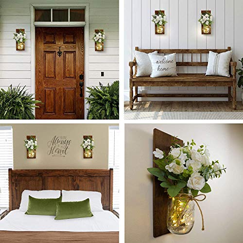 RS-Sunlight-Rustic-Mason-Jar-Wall-Sconce-with-String-LED-Lights-Farmhouse-Wall-Decor-for-Bedroom-Living-Room-Bathroom-Two-Remote-Controls-White-Rose-Bouquet-Set-of-2